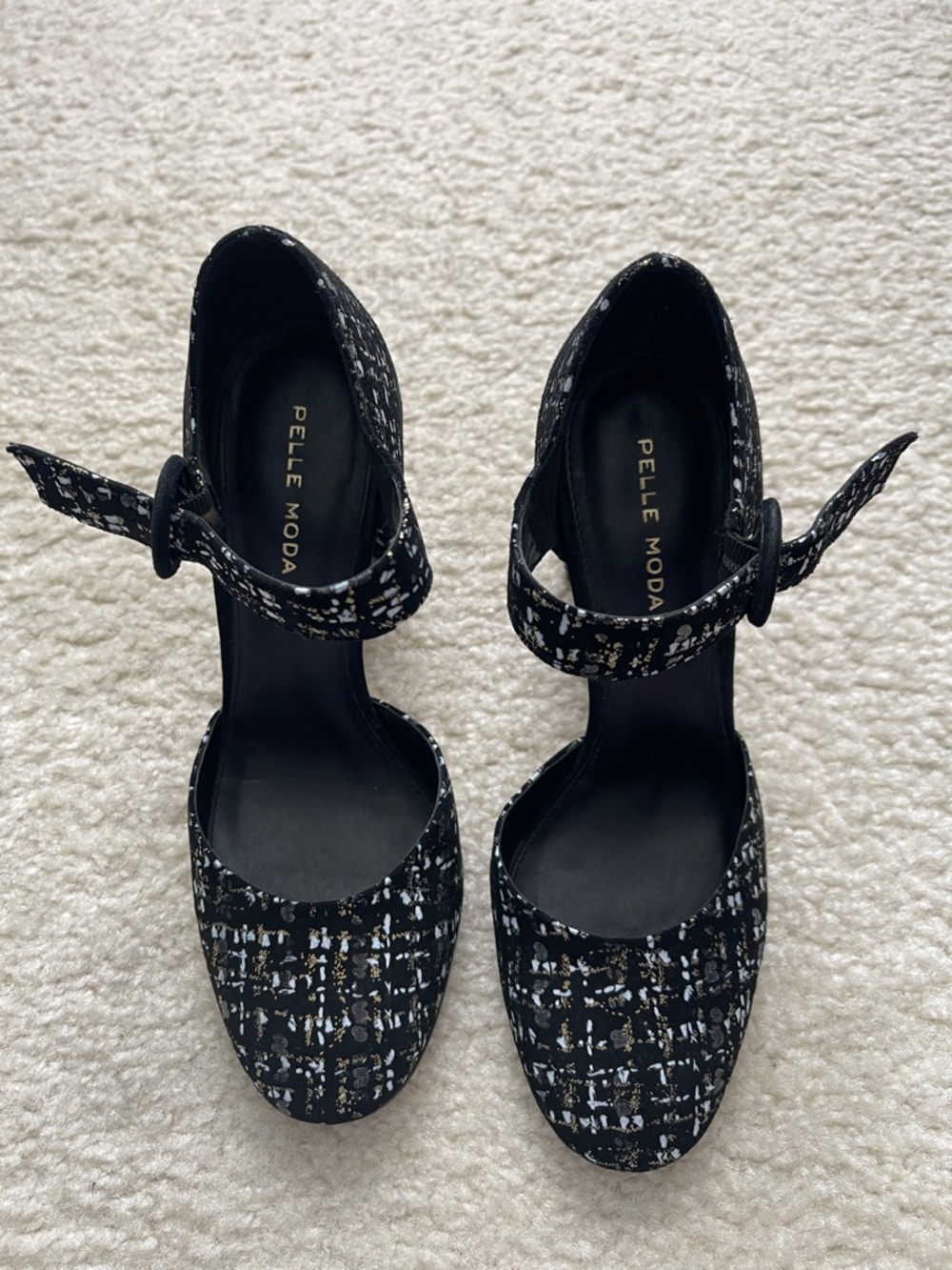 Pelle Moda Black Tweed Mary Jane Heels with Ankle Strap